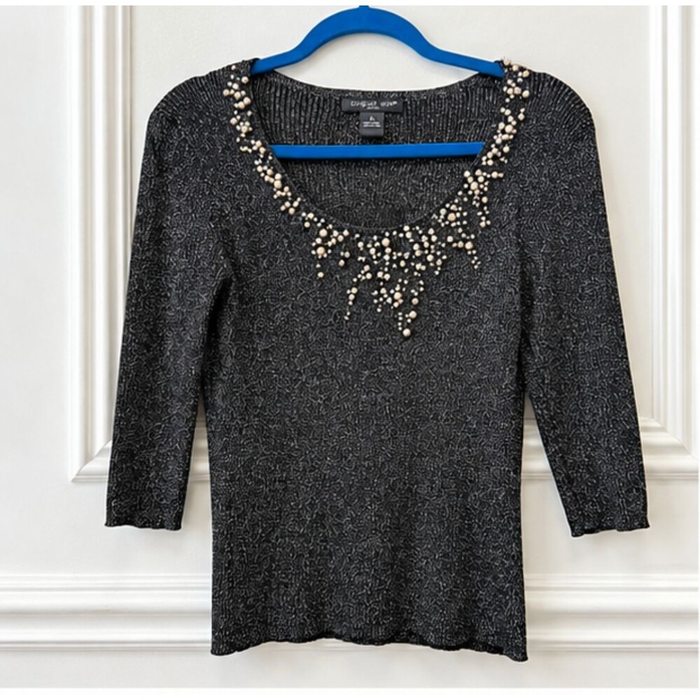August Silk Petite L Black Silver Metallic Shimmer Knit Sweater Pearl Beaded Nec